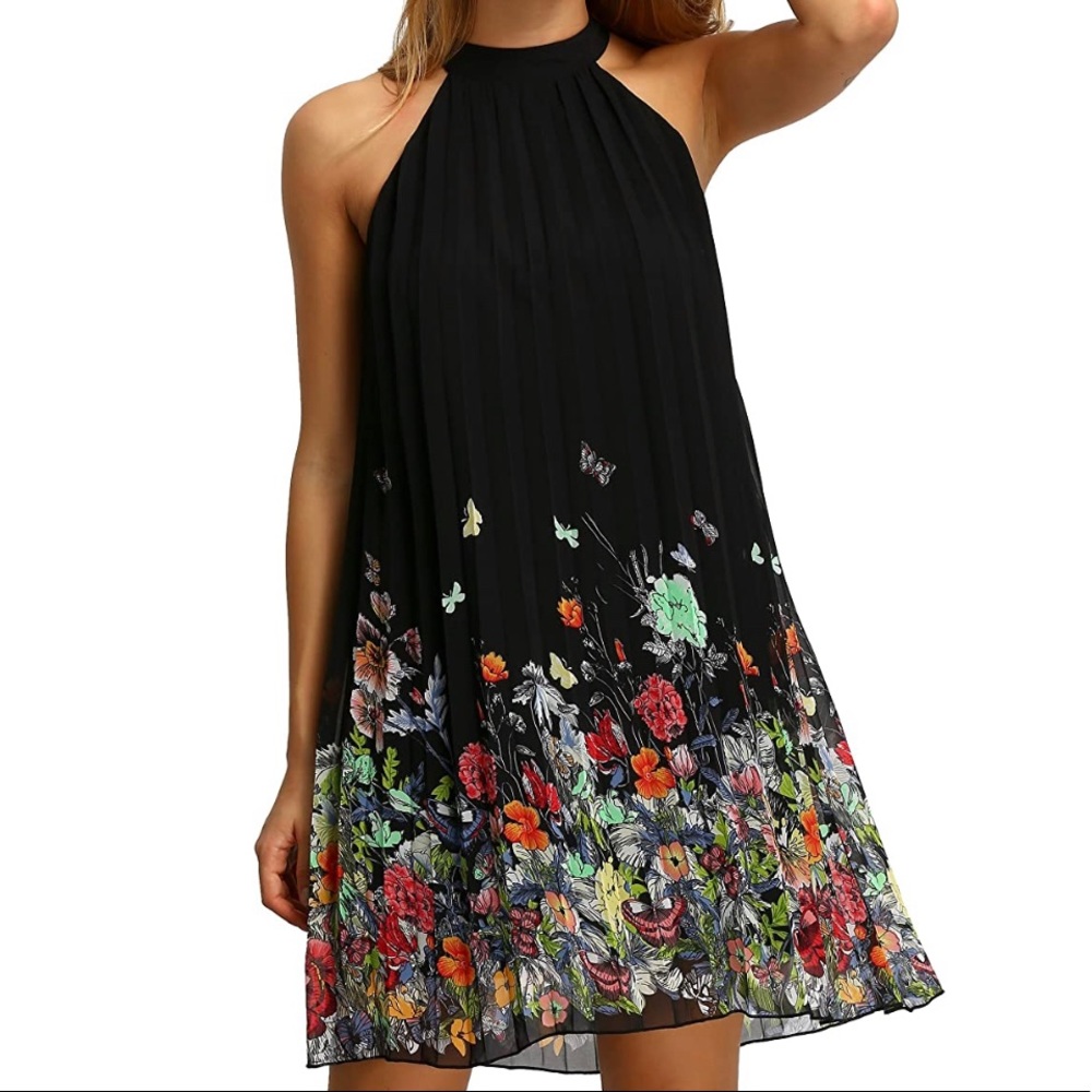 Floral Summer Sleeveless Halter Neck Black Dress